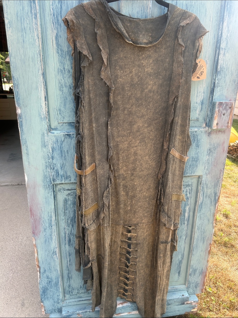 Upcycled raggedy tattered post apocalyptic wasteland scavenger cardigan duster